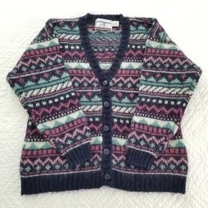 Vintage Blue Teal Mauve Fair Isle Fuzzy Mohair Blend Cardigan Accordeon Medium